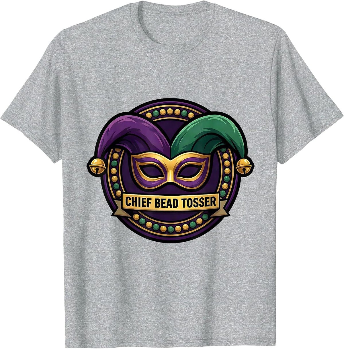 Men's Chief Bead Tosser Cartoon Mardi Gras Carnival Party Costume T-Shirt - Heather Grey