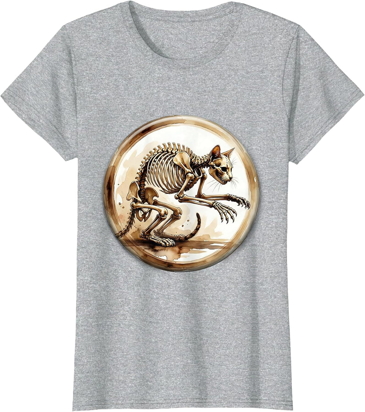Cat Skeleton Mid-Pounce Illustration T-Shirt - Heather Grey