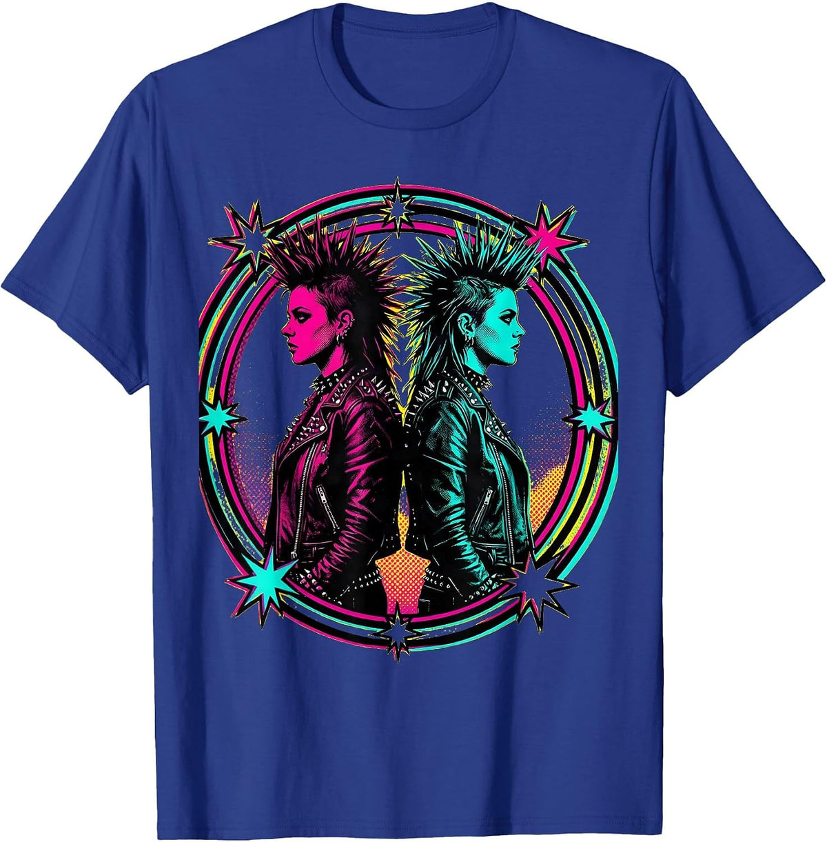 Punk Duo Leather Jacket Back-to-Back Graphic T-Shirt - Royal Blue
