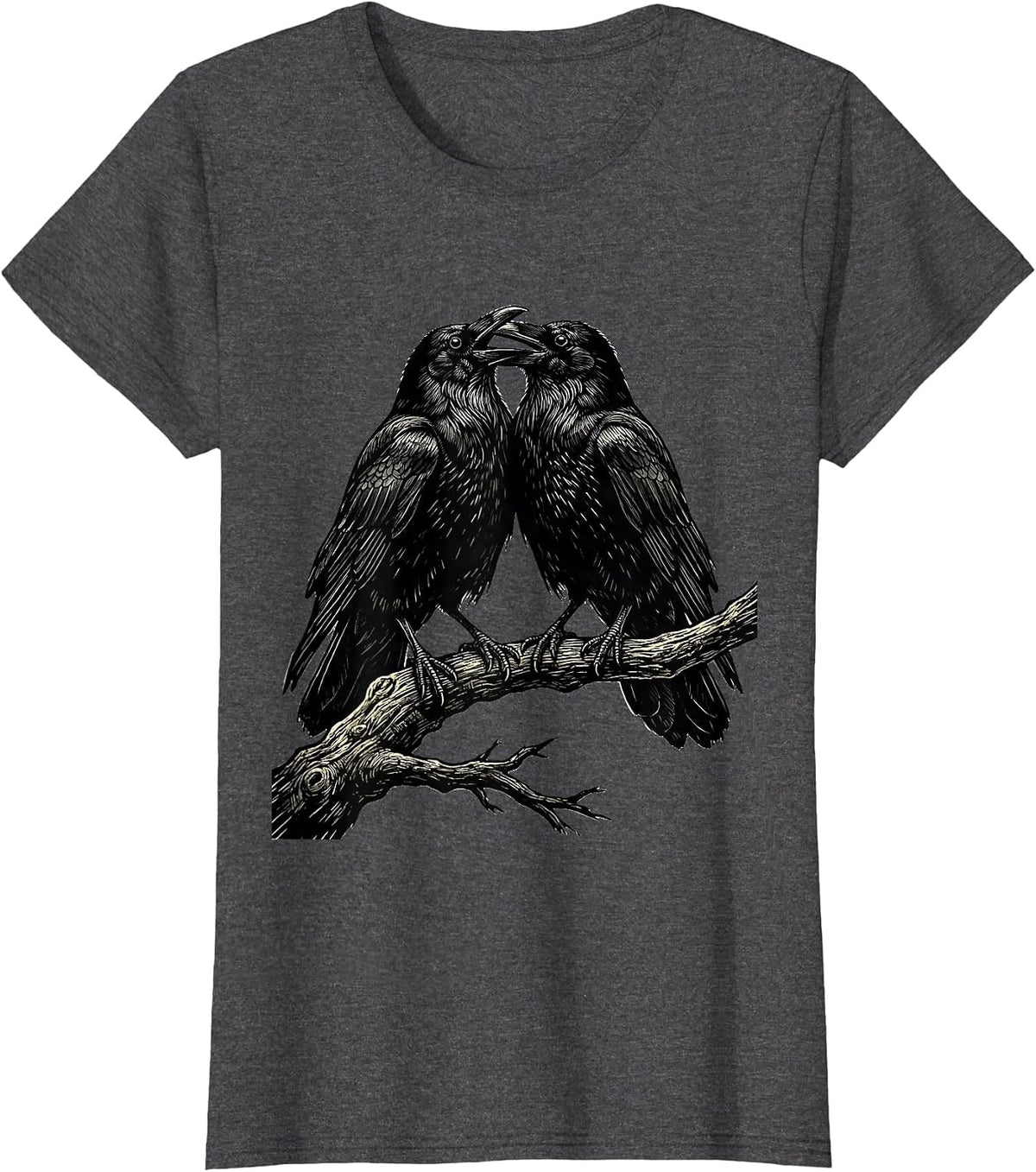 Women's Two Crows Facing Off on a Branch Illustration T-Shirt - Dark Heather Grey