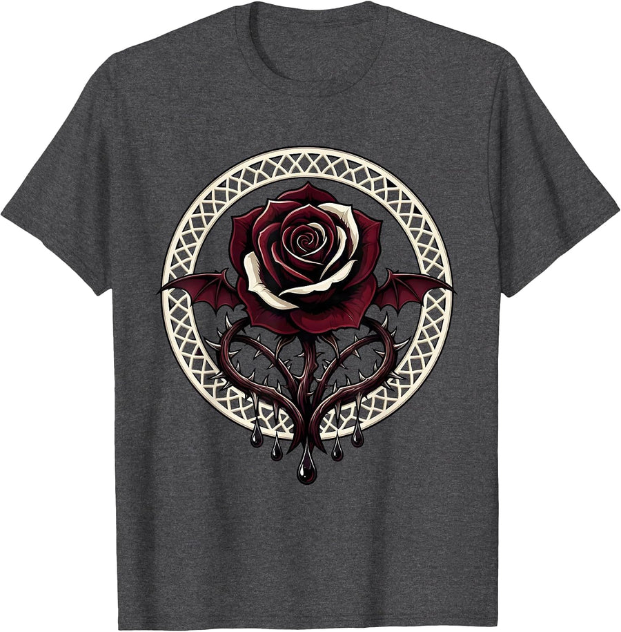 Men's Black Rose Thorns Dripping Ink Goth Art Design T-Shirt - Dark Heather Grey