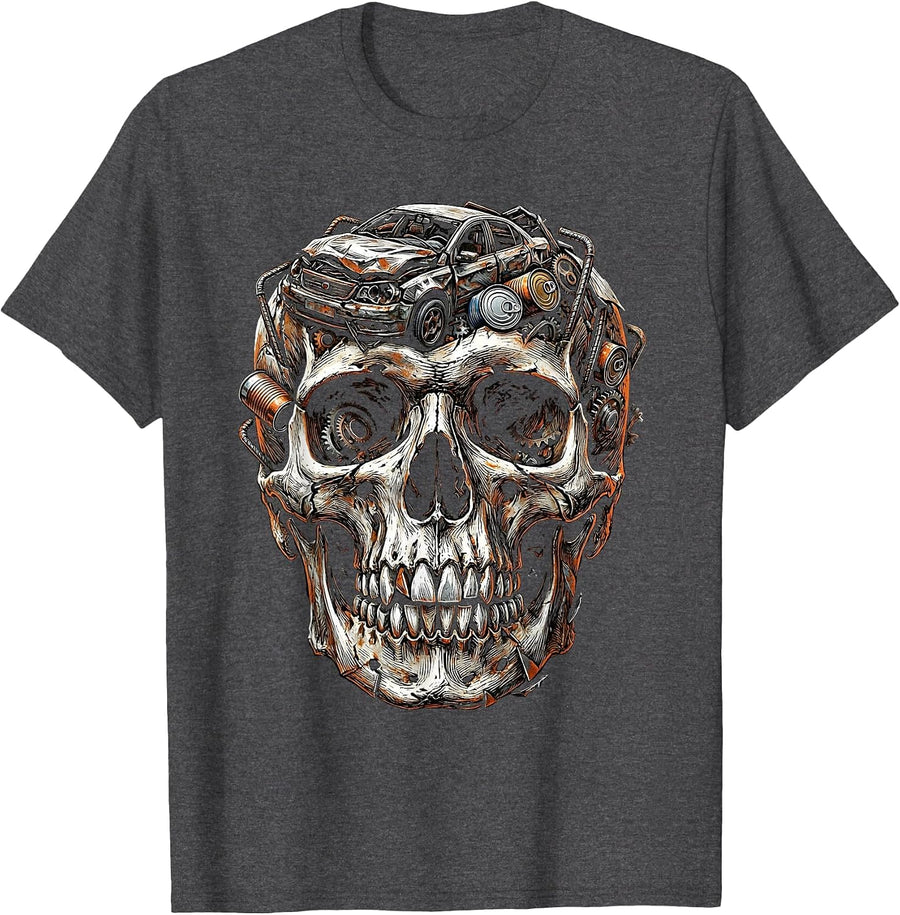 Men's Trash Skull Compacted Scrap Metal Junk Art T-Shirt - Dark Heather Grey