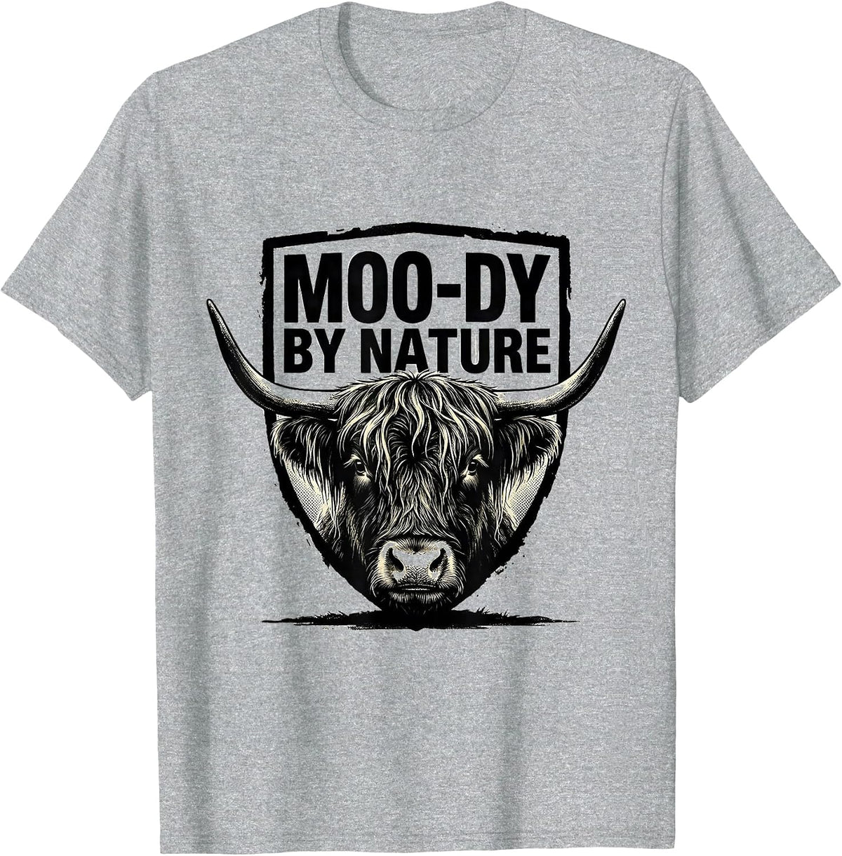 Men's Moo-Dy By Nature Funny Highland Cow Farm Animal Humor T-Shirt - Heather Grey