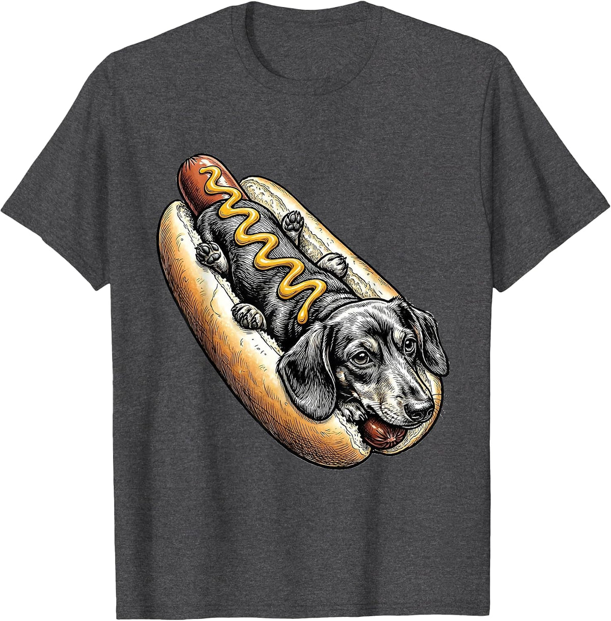 Dachshund Hot Dog Bun Funny Wiener Dog T-Shirt - Dark Heather Grey