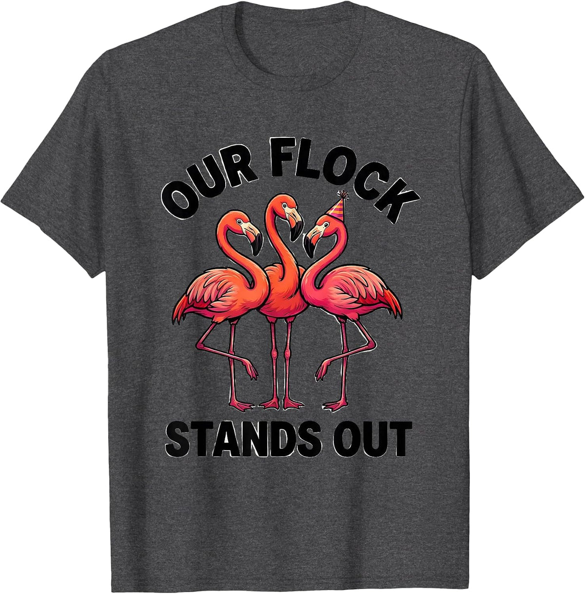 Our Flock Stands Out Cartoon Flamingo Novelty Family T-Shirt - Dark Heather Grey