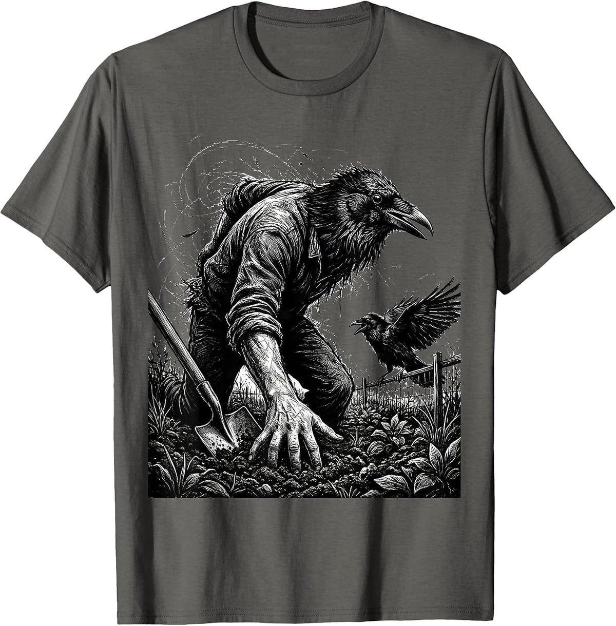 Men's Abandoned Trowel Crow Gothic Bird Lover Dark Humor T-Shirt - Asphalt Grey