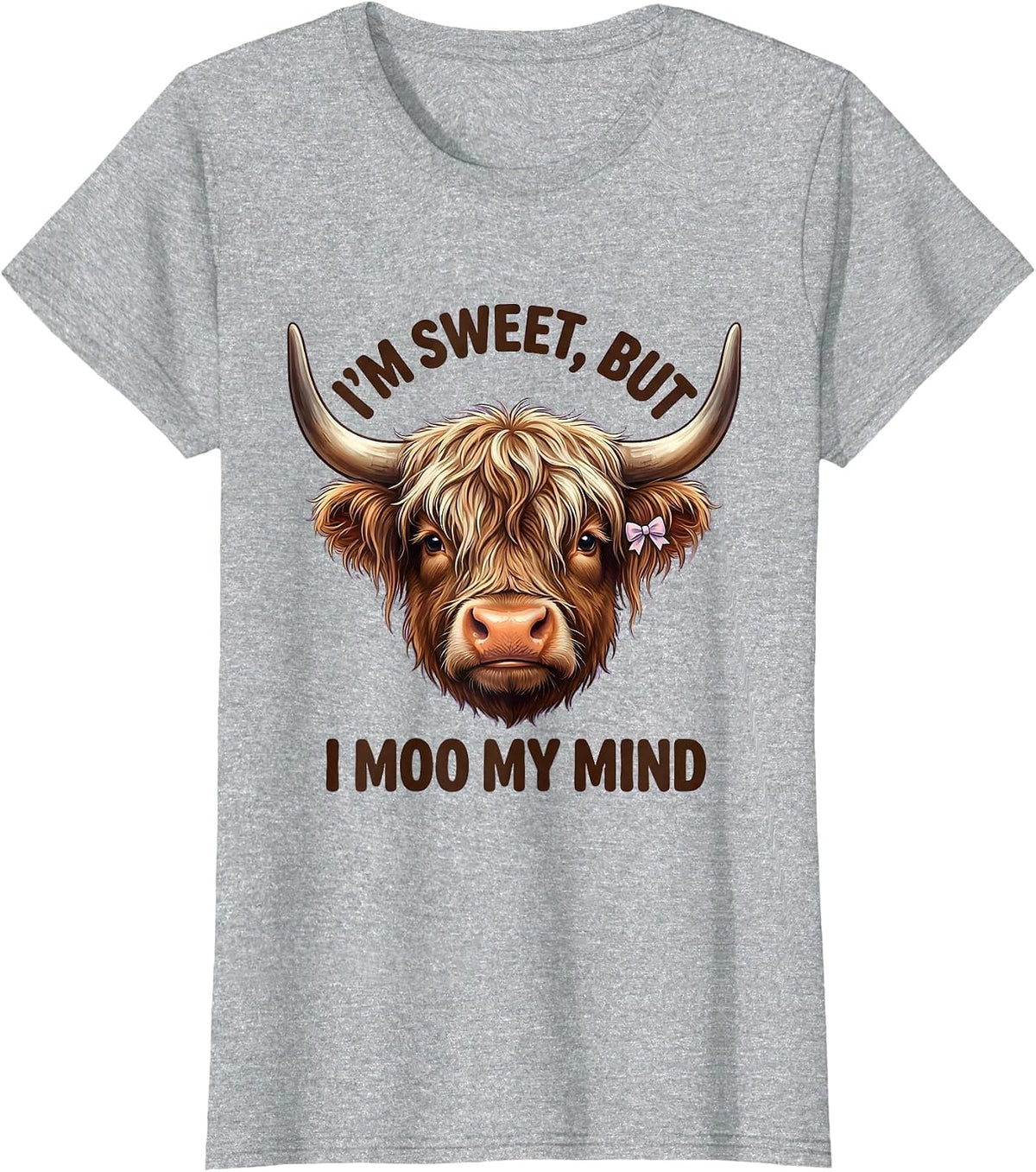 I’m Sweet, But I Moo My Mind Cute Kawaii Highland Cow Humor T-Shirt - Heather Grey
