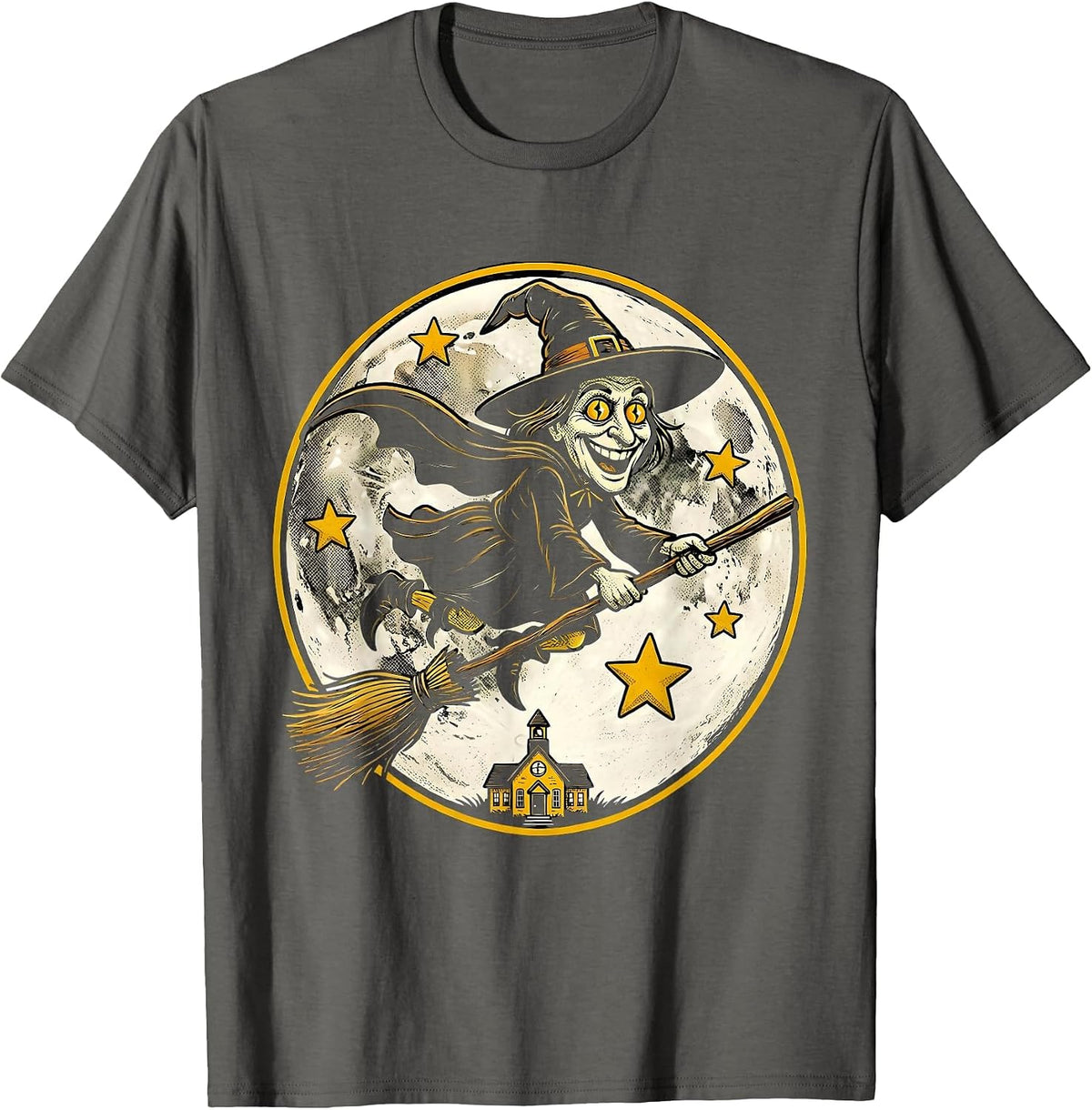 Halloween Teacher Witch Flying Over Schoolhouse T-Shirt - Asphalt Grey