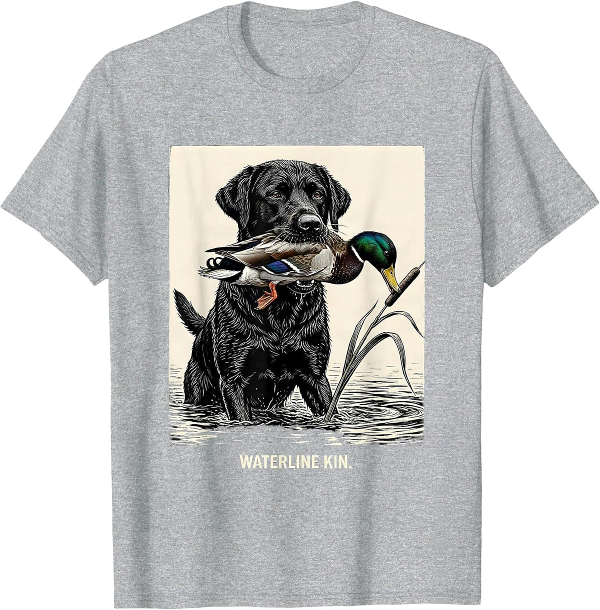 Men's Waterline Kin Scratchboard Black Lab Duck Hunting Youth Boys T-Shirt - Heather Grey