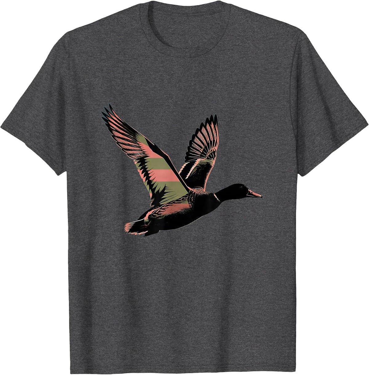 Pink Camo Duck in Flight Over Marsh at Dusk T-Shirt - Dark Heather Grey