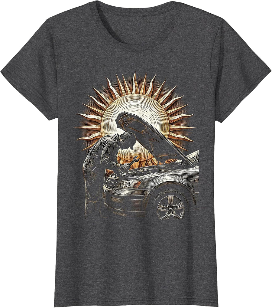 Women's Mechanic Silhouette Sunset Illustration T-Shirt - Dark Heather Grey