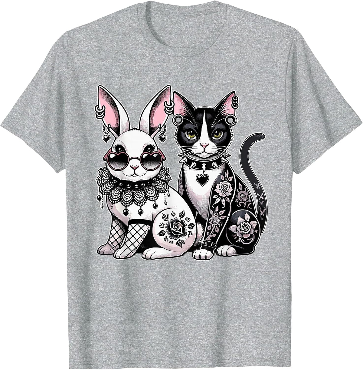 Gothic Punk Cat & Bunny with Tattoos & Piercings T-Shirt - Heather Grey