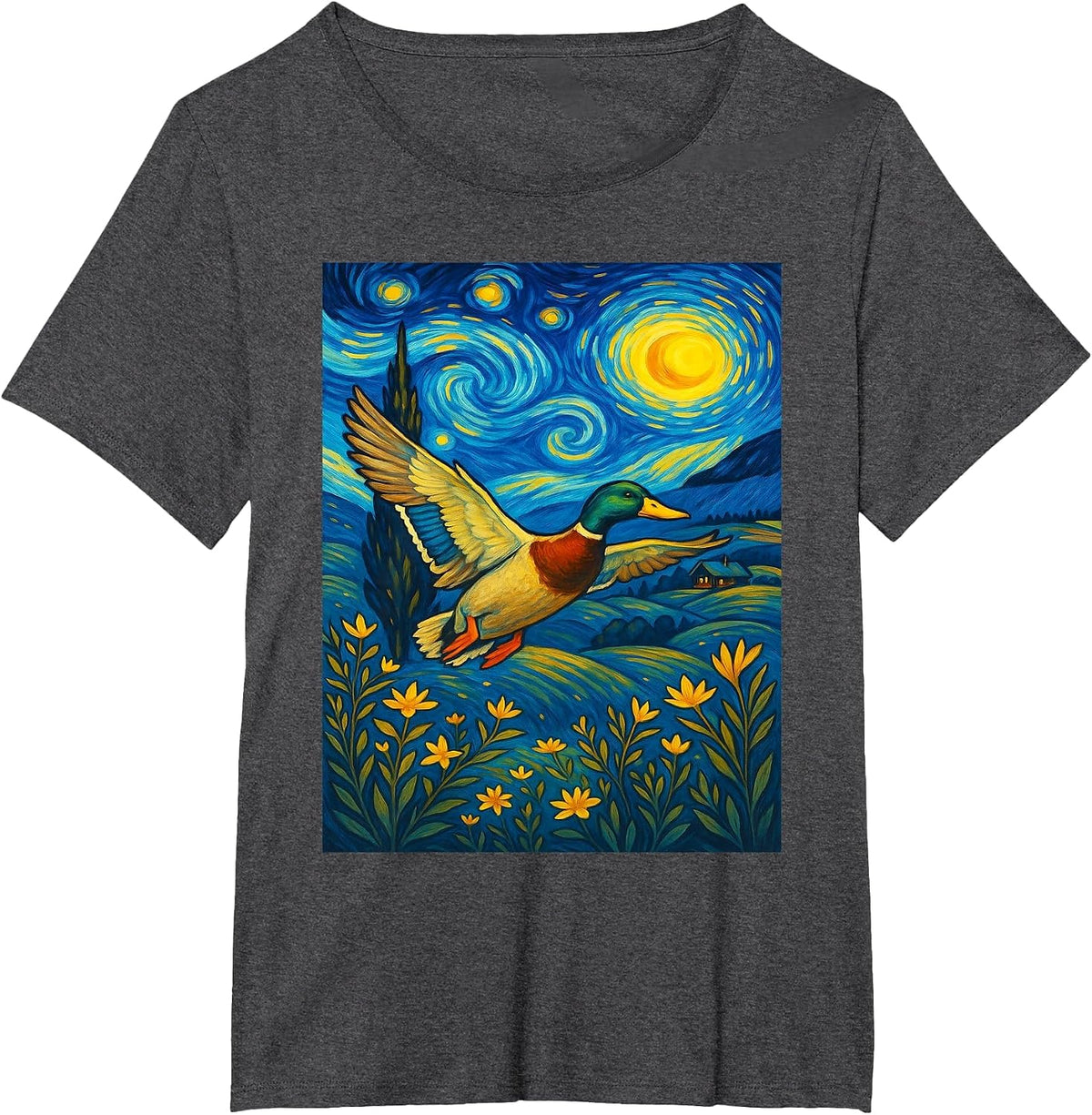 Starry Night Mallard Duck Van Gogh Style Hunting Farmer Farm T-Shirt - Dark Heather Grey