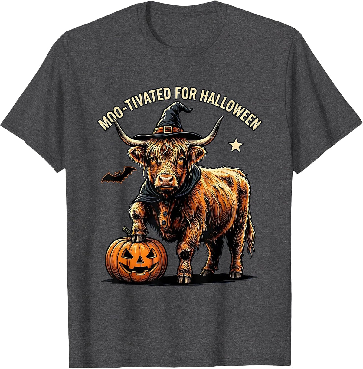 Men's Moo-tivated For Halloween Funny Highland Cow Halloween T-Shirt - Dark Heather Grey