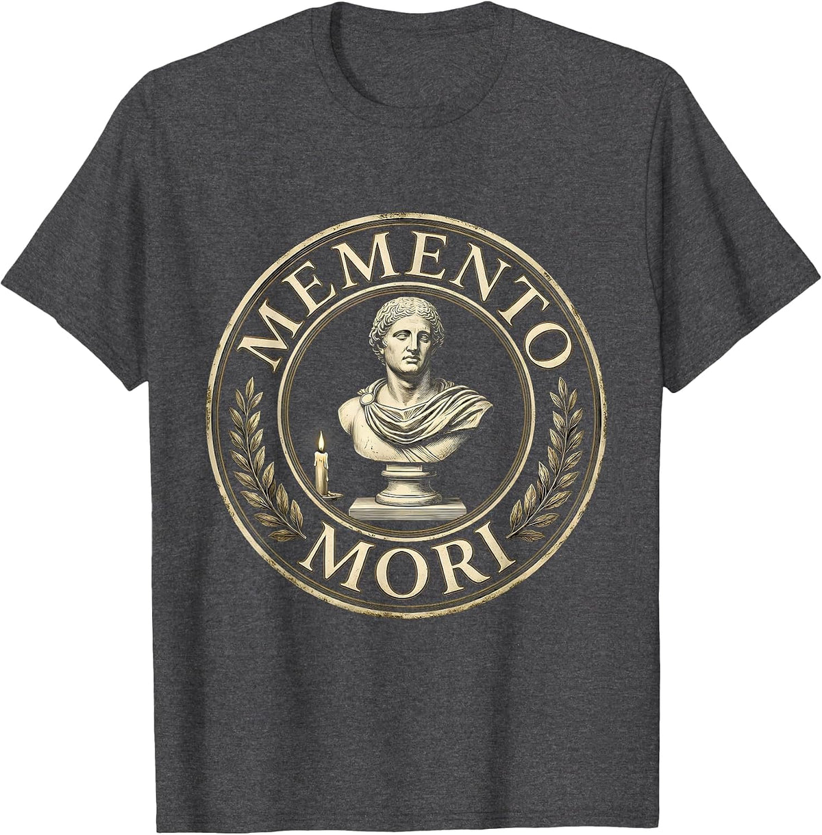Memento Mori Stoic Philosophy Latin Quote Emblem T-Shirt - Dark Heather Grey