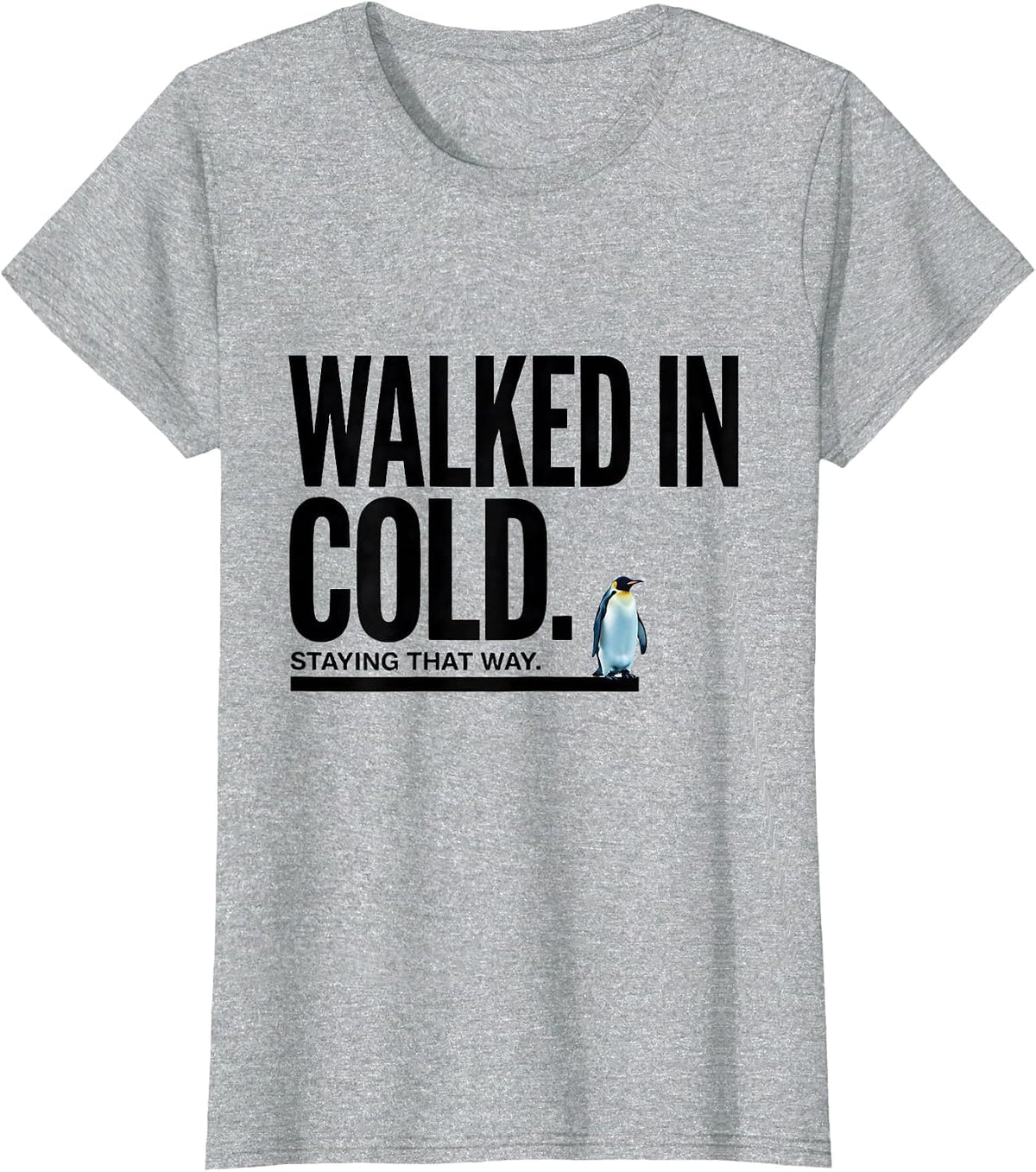 Women's Walked In Cold Staying That Way Funny Penguin Lover Humor T-Shirt - Heather Grey