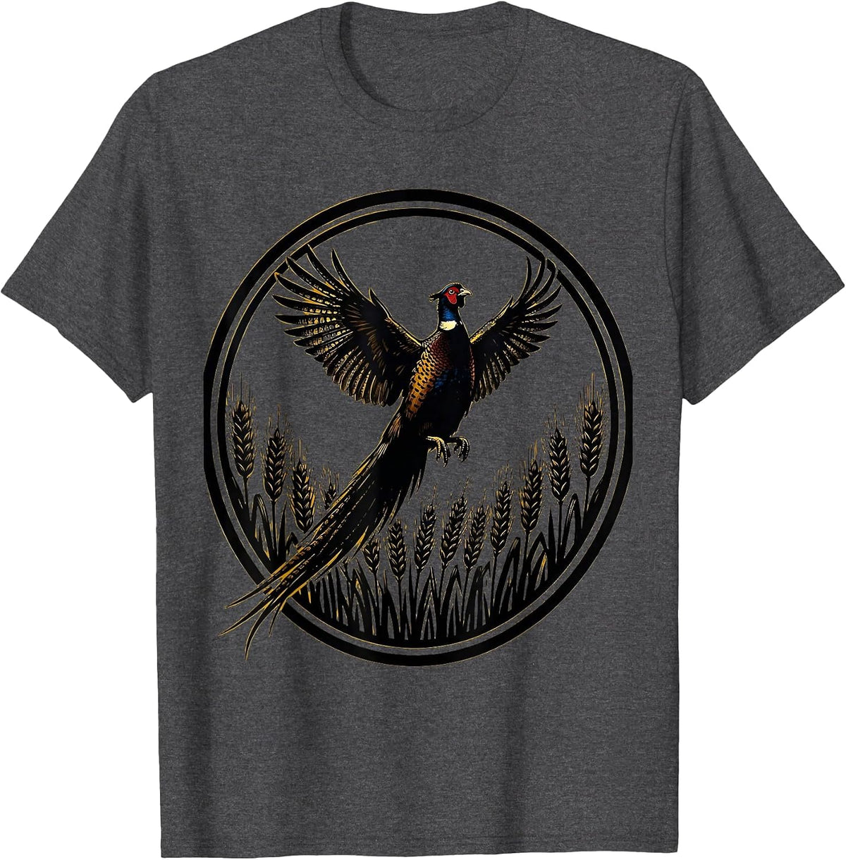 Pheasant Bursting From Golden Wheat Field T-Shirt - Dark Heather Grey