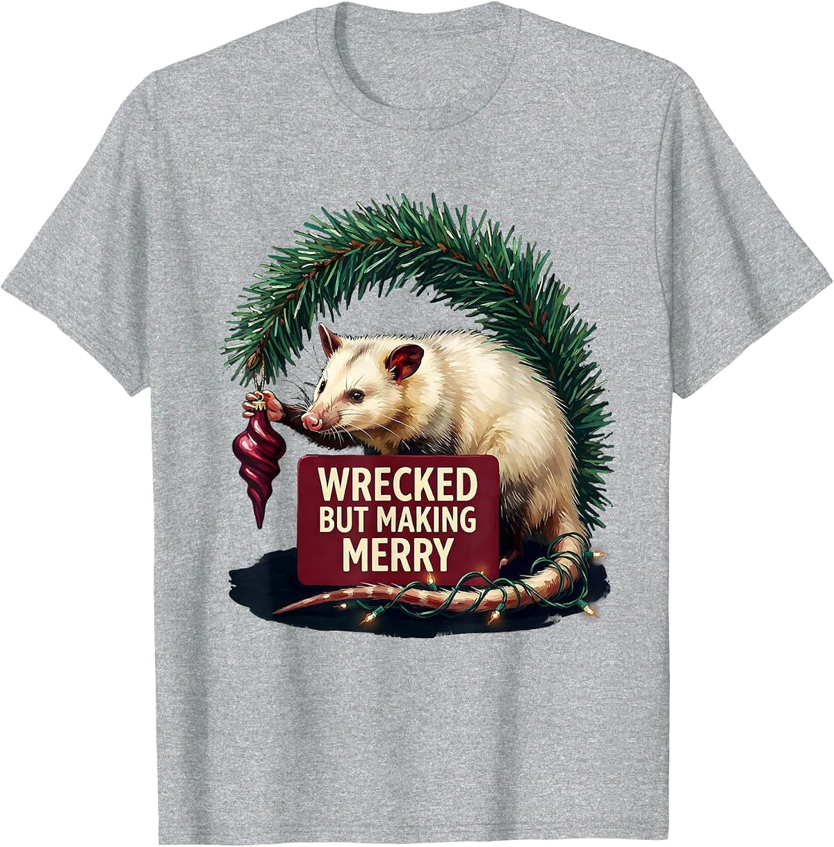 Men's Wrecked But Making Merry Funny Opossum Ugly Sweater T-Shirt - Heather Grey