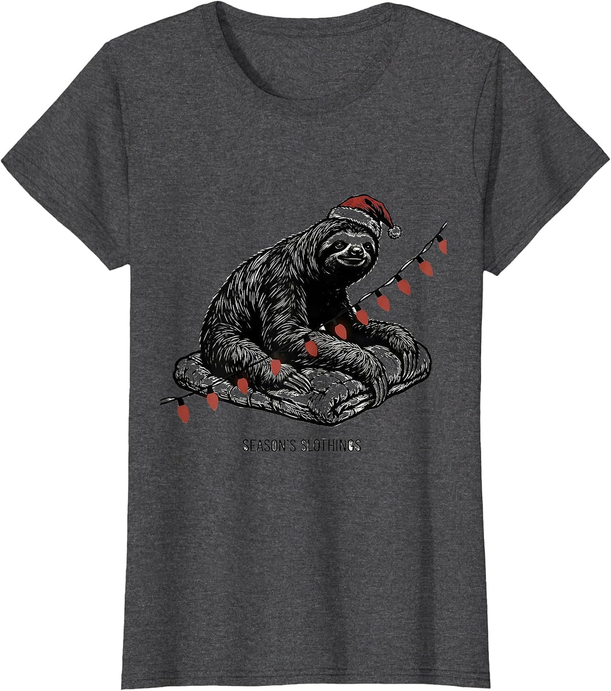 Women's Season's Slothings Funny Sloth Christmas Lights Pajama T-Shirt - Dark Heather Grey