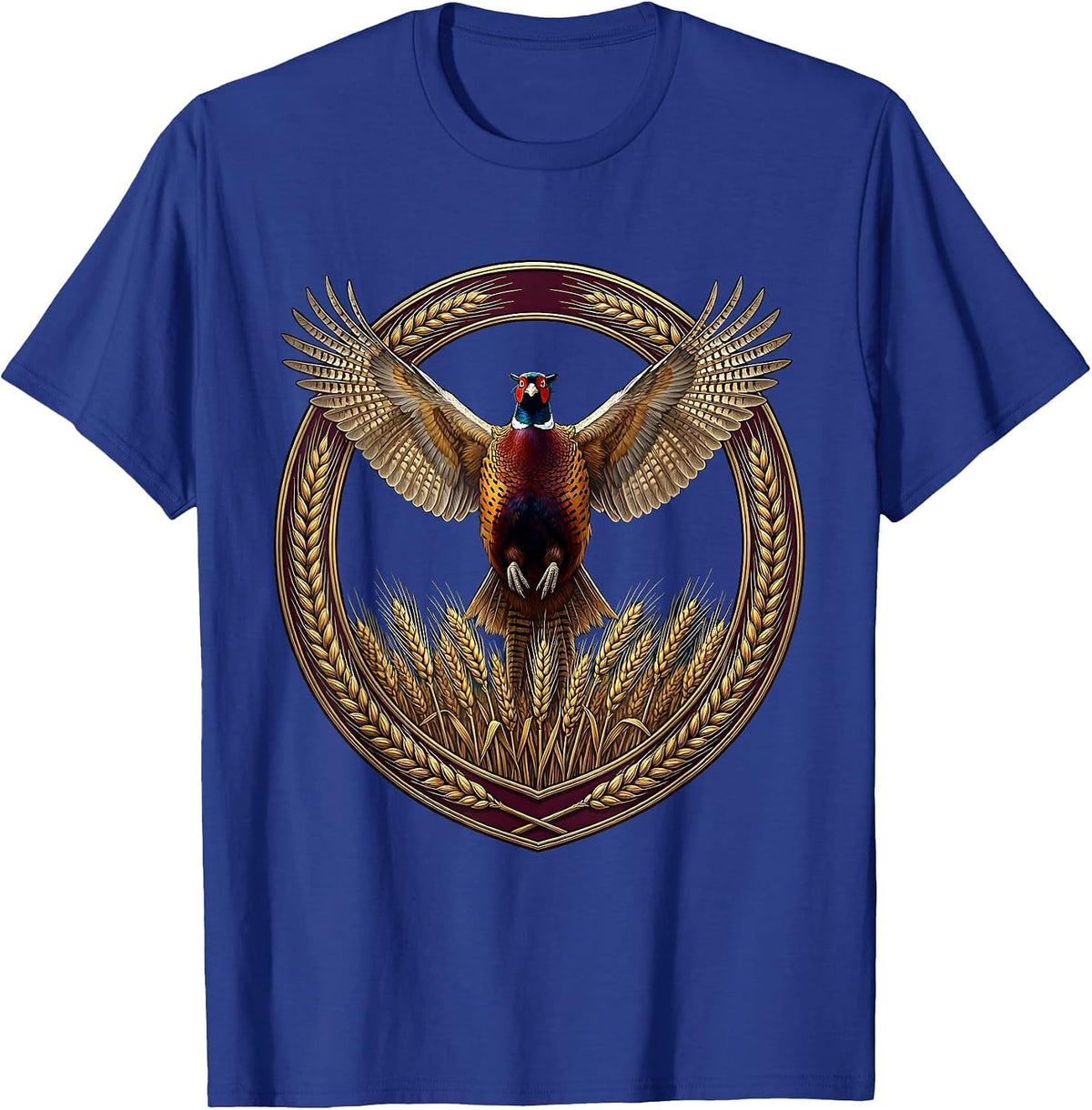 Pheasant Burst Golden Wheat Field Illustration T-Shirt - Royal Blue