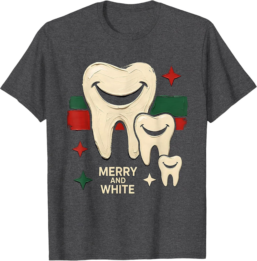 Men's Merry and White Funny Dental Christmas Dentist Dental T-Shirt - Dark Heather Grey