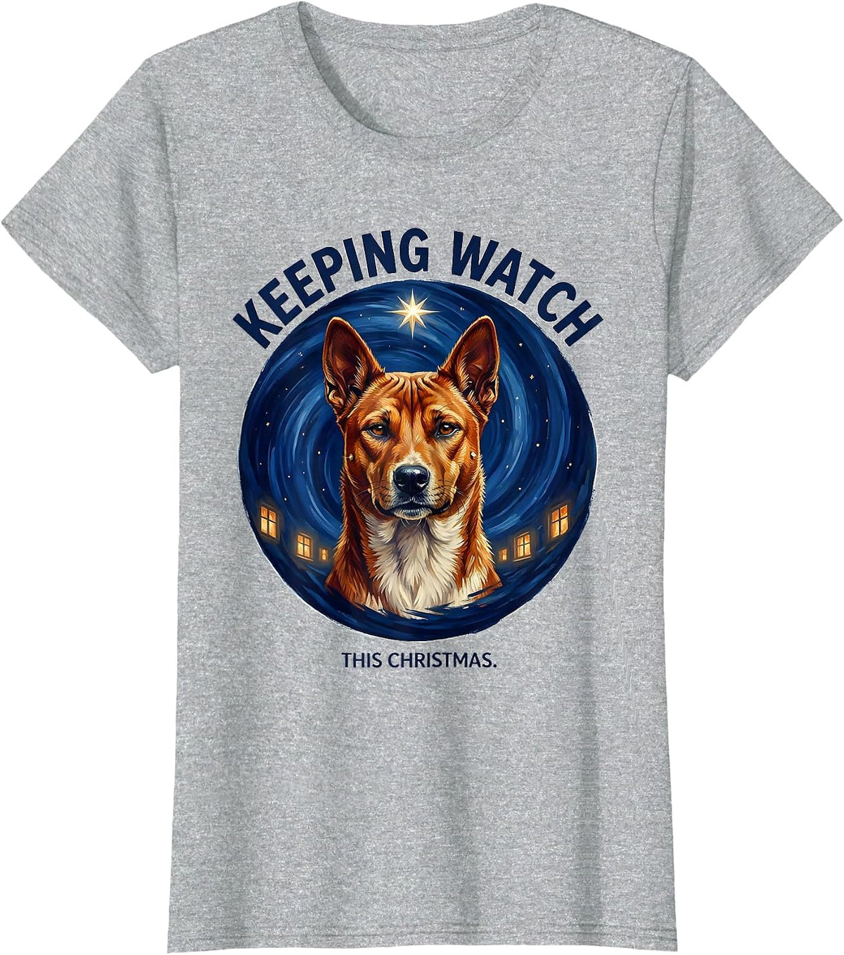 Keeping Watch This Christmas Basenji Van Gogh Starry Night T-Shirt - Heather Grey