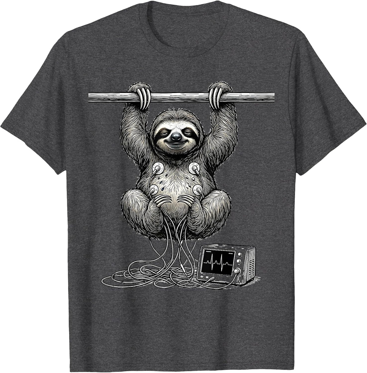 Men's Relaxed Sloth Heart Monitor Funny Medical Art T-Shirt - Dark Heather Grey