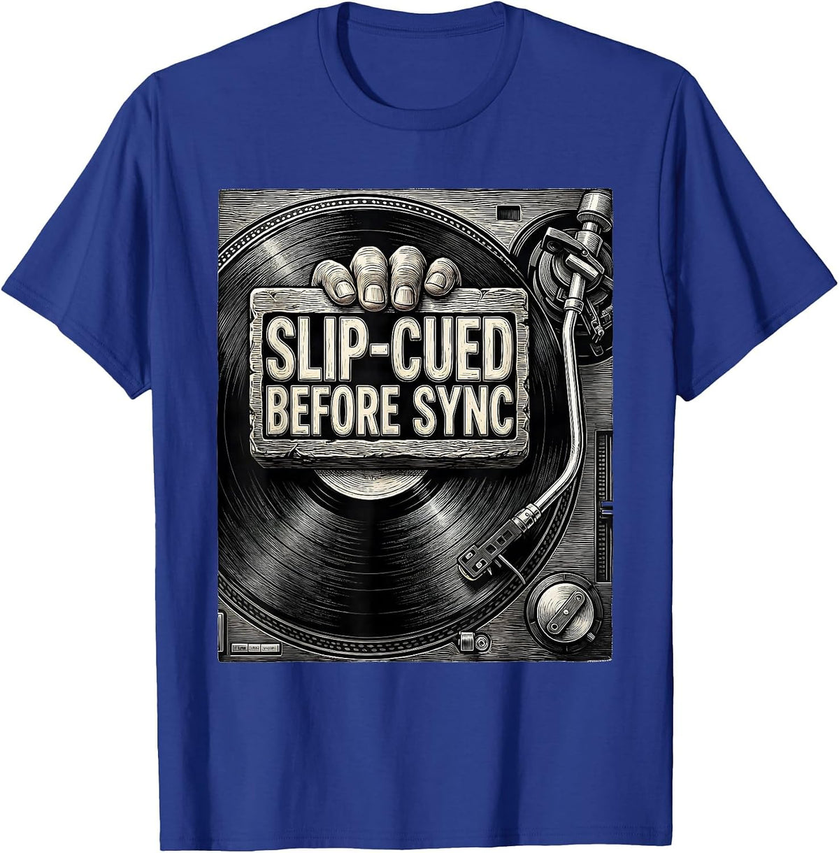Men's Slip-Cued Before Sync Retro DJ Gift Vintage Electronic Music T-Shirt - Royal Blue