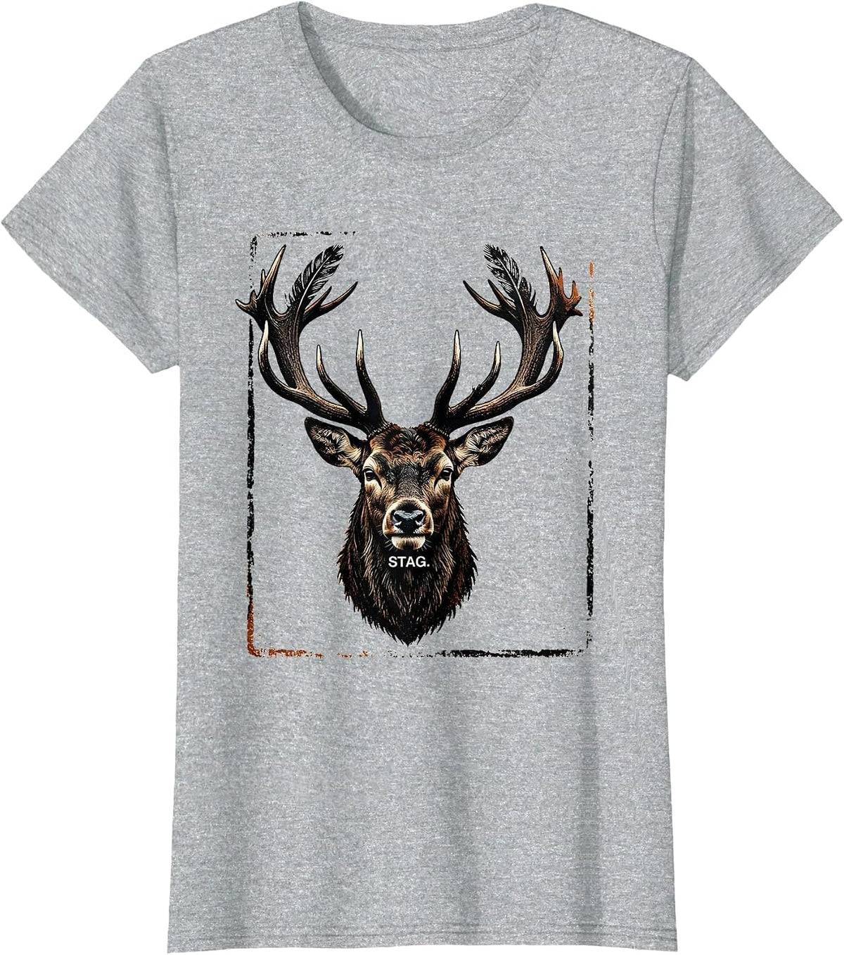 Women's Stag Rubber Stamp Graphic Tee Unisex Casual T-Shirt - Heather Grey
