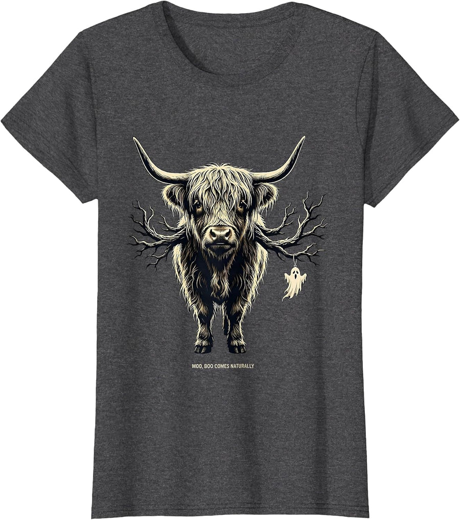 Women's Moo Boo Comes Naturally Funny Highland Cow Halloween Costume T-Shirt - Dark Heather Grey