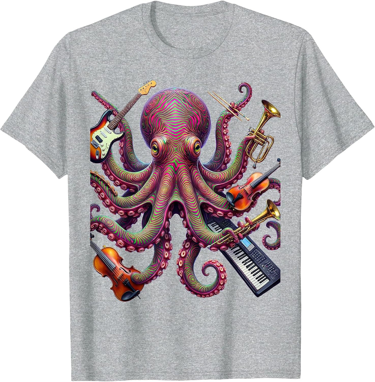 Men's Octopus Multitasking Musician Funny Band Illustration T-Shirt - Heather Grey