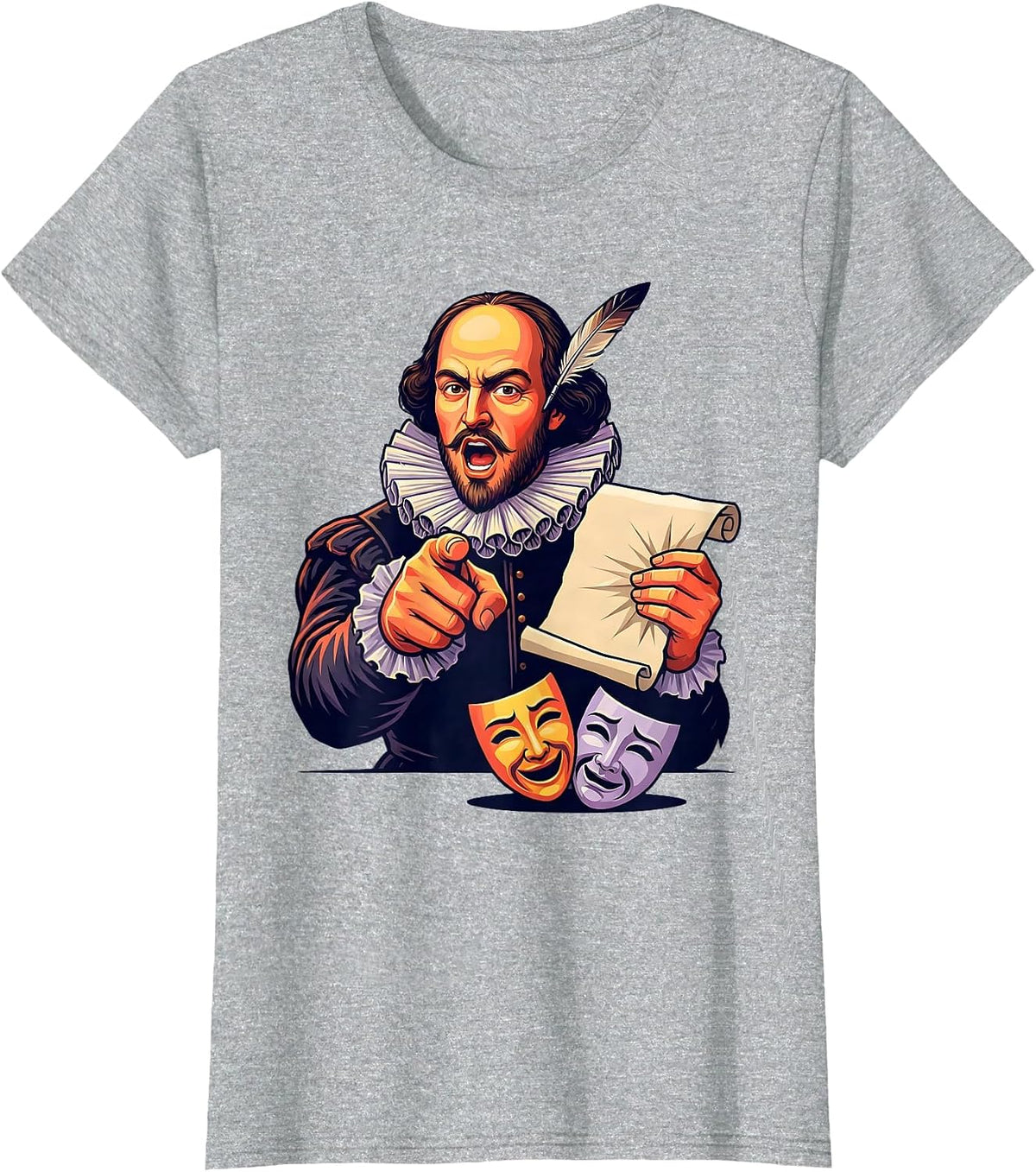 Women's Shakespeare Tragedy Comedy Mask Flat Vector Theater Humor T-Shirt - Heather Grey