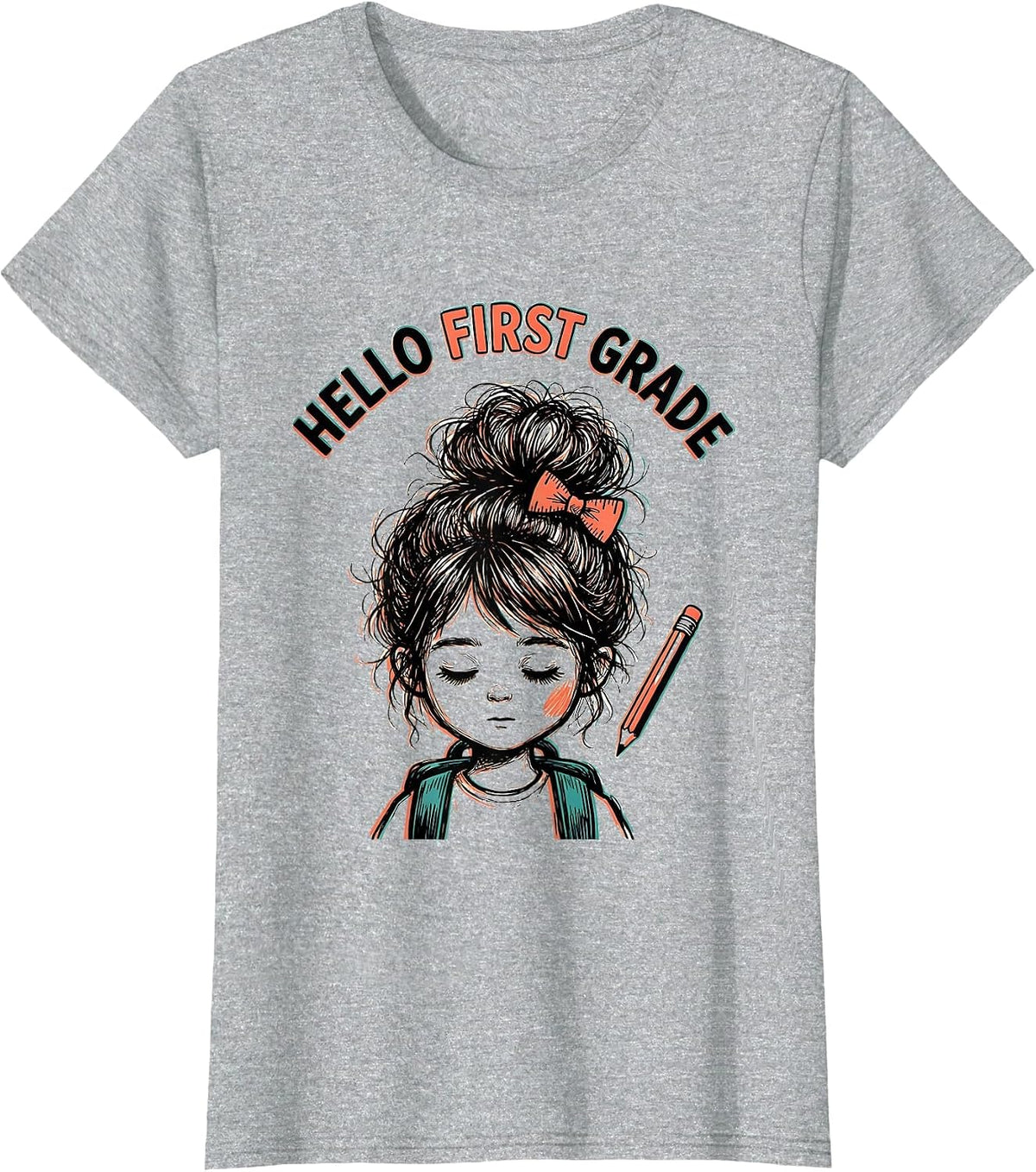 Women's Hello First Grade Back To School Messy Bun Girl Humor T-Shirt - Heather Grey