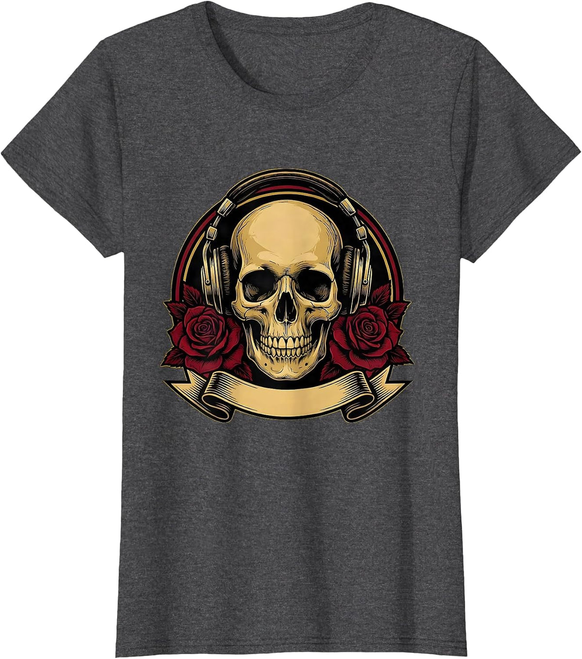 Women's Skull Vintage Headphones Rock Band Graphic T-Shirt - Dark Heather Grey