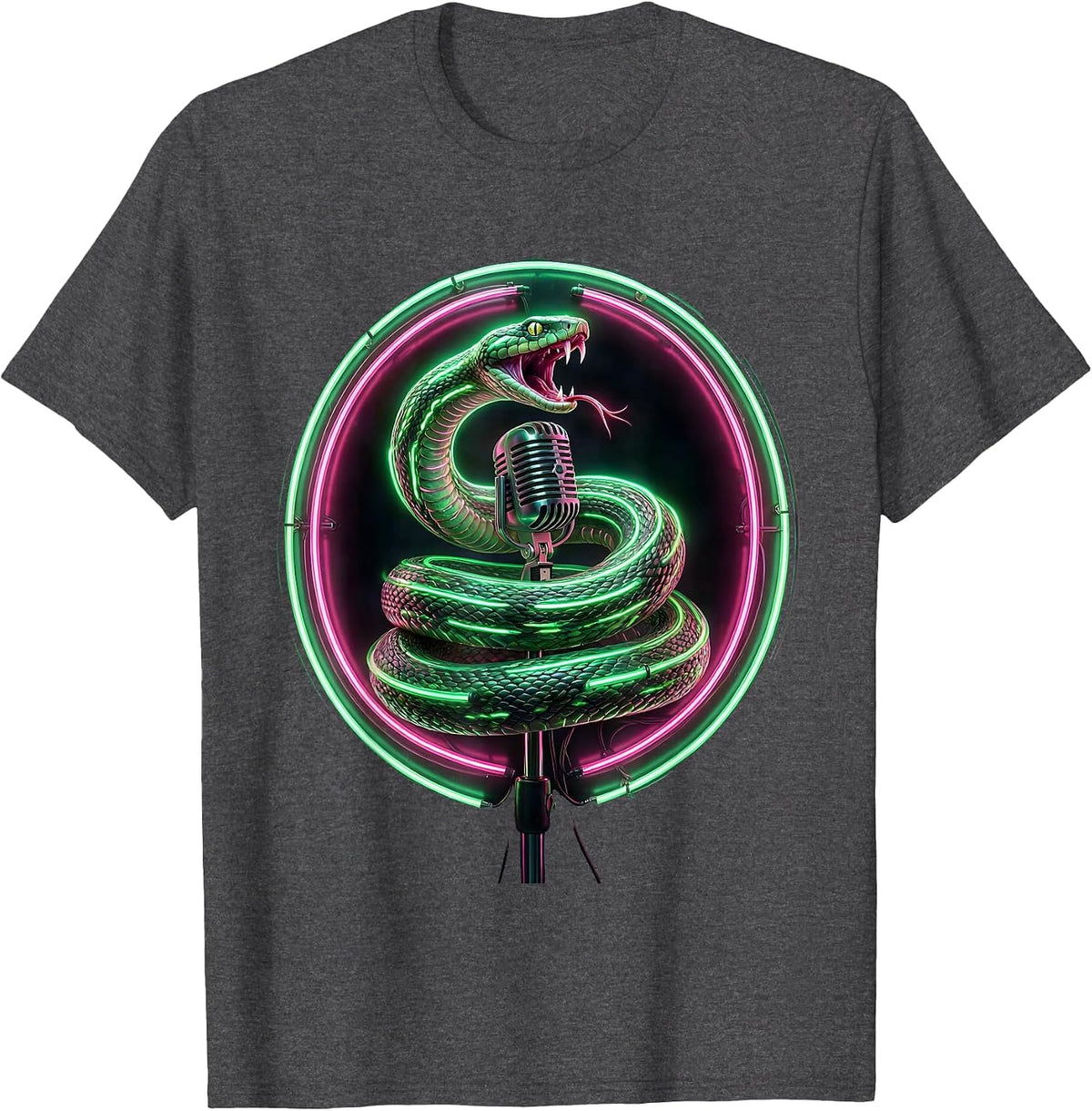 Snake Coiled Microphone Stand 80s Rock Graphic T-Shirt - Dark Heather Grey