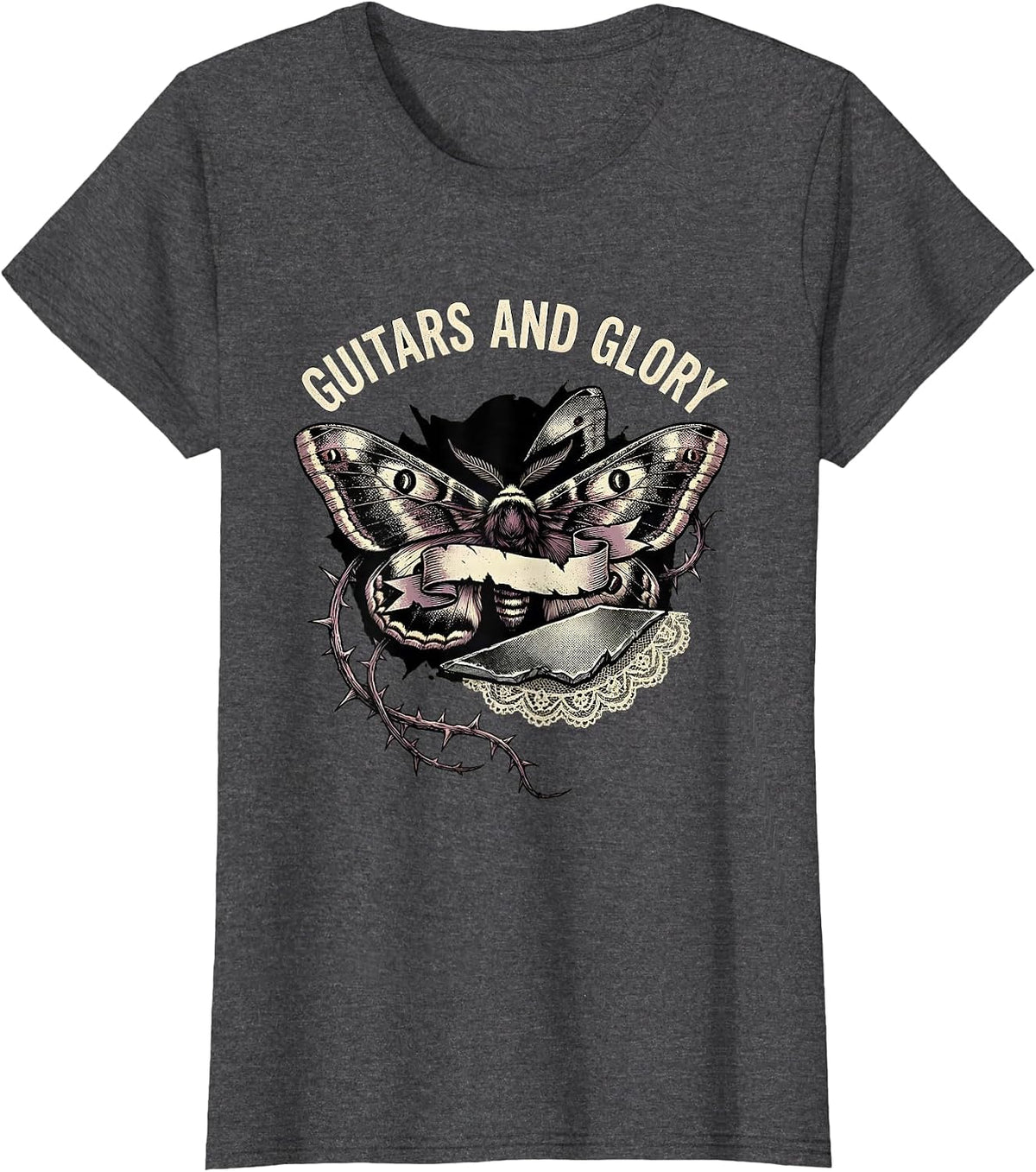 Women's Guitars and Glory 80s Rock Band Design T-Shirt - Dark Heather Grey
