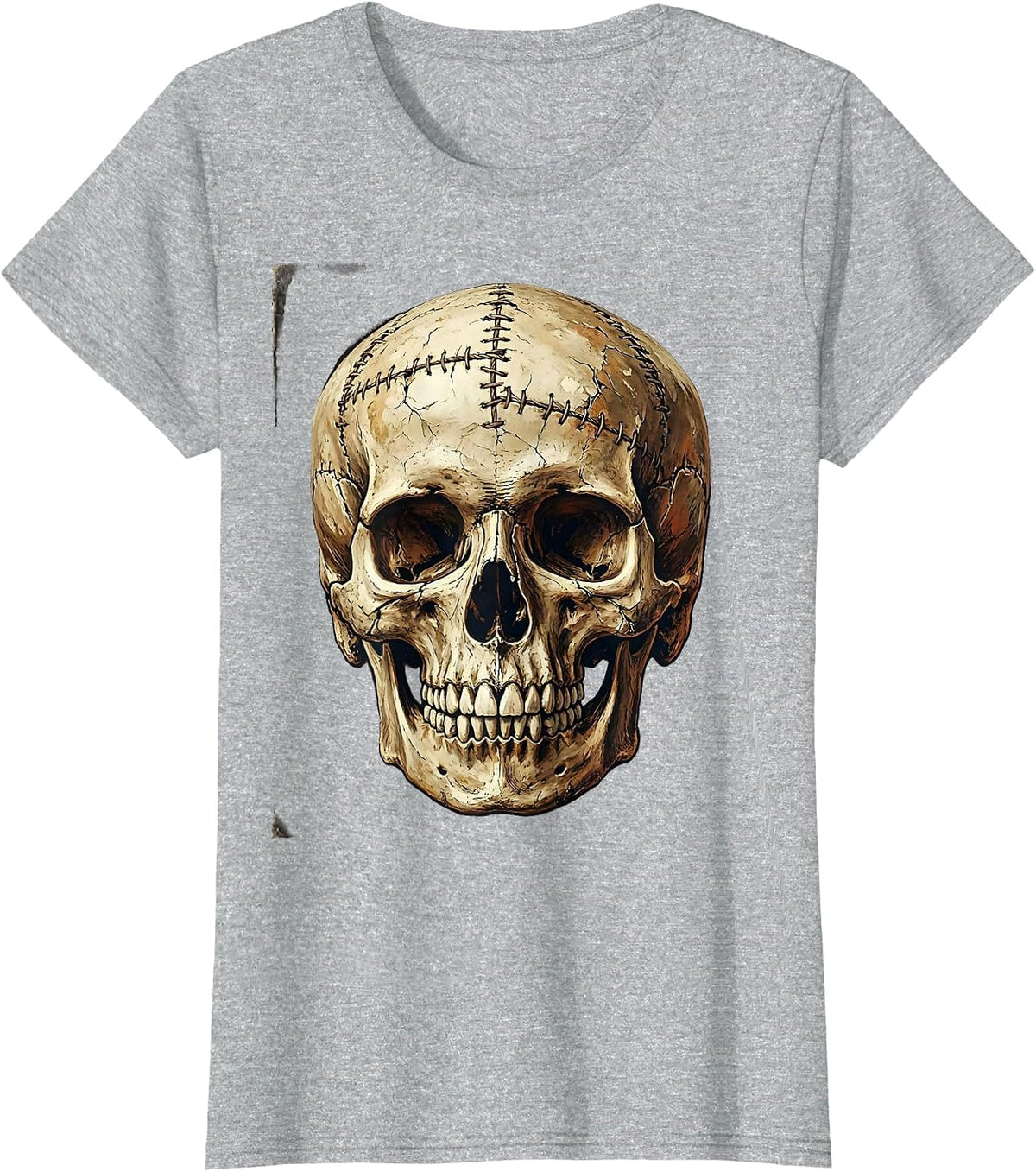 Grunge Weathered Skull Stitches and Cracks Art T-Shirt - Heather Grey