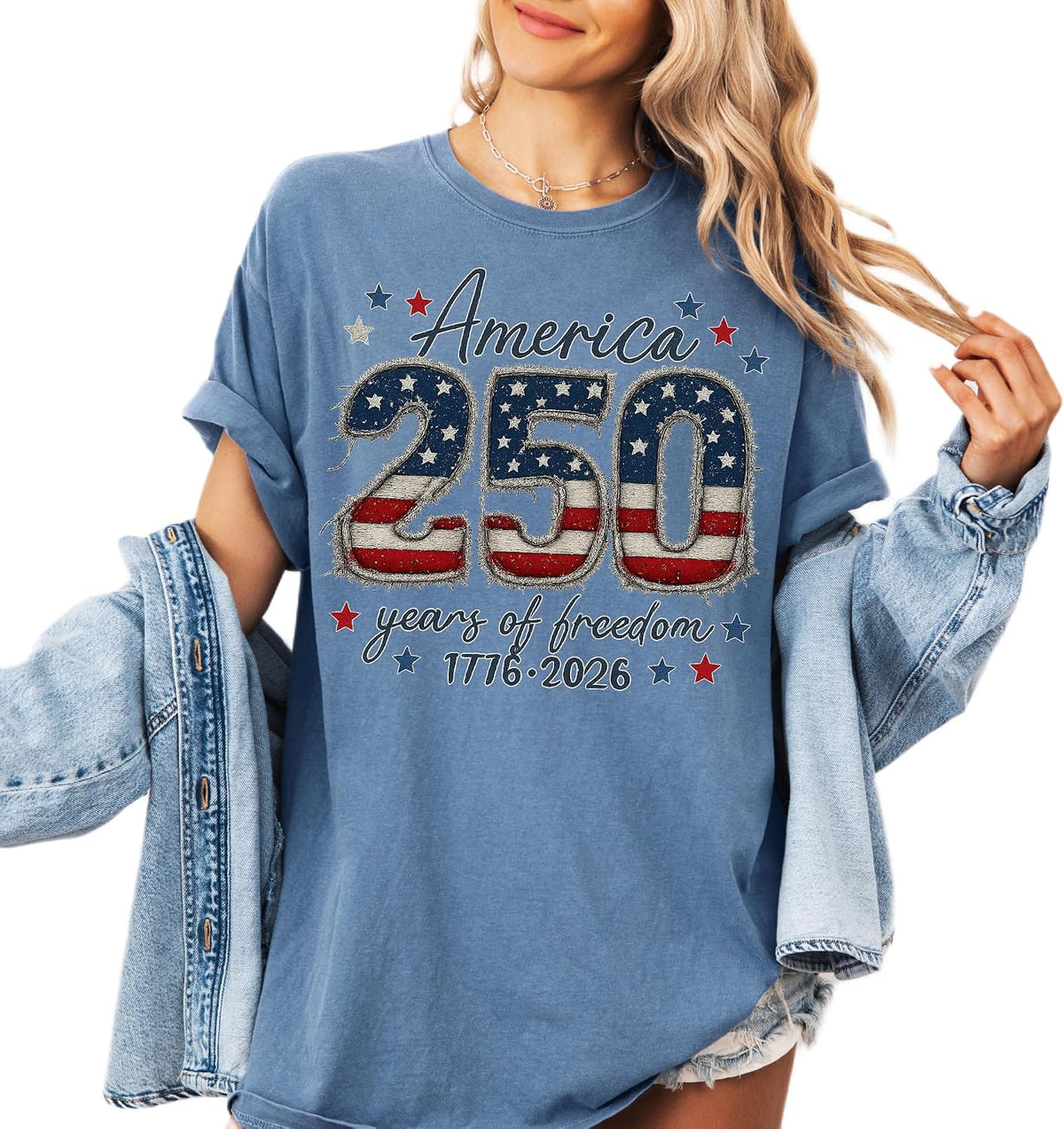 America 250 Freedom T-Shirt - Patriotic Stars Unisex Graphic Tee - Blue Jean