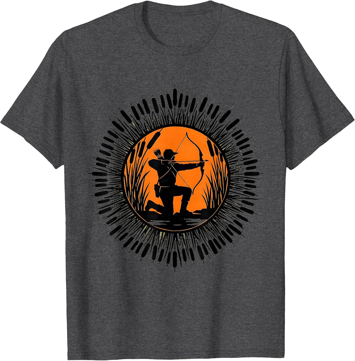 Men's Hunter Kneeling in Marsh Reeds Camouflage Design T-Shirt - Dark Heather Grey