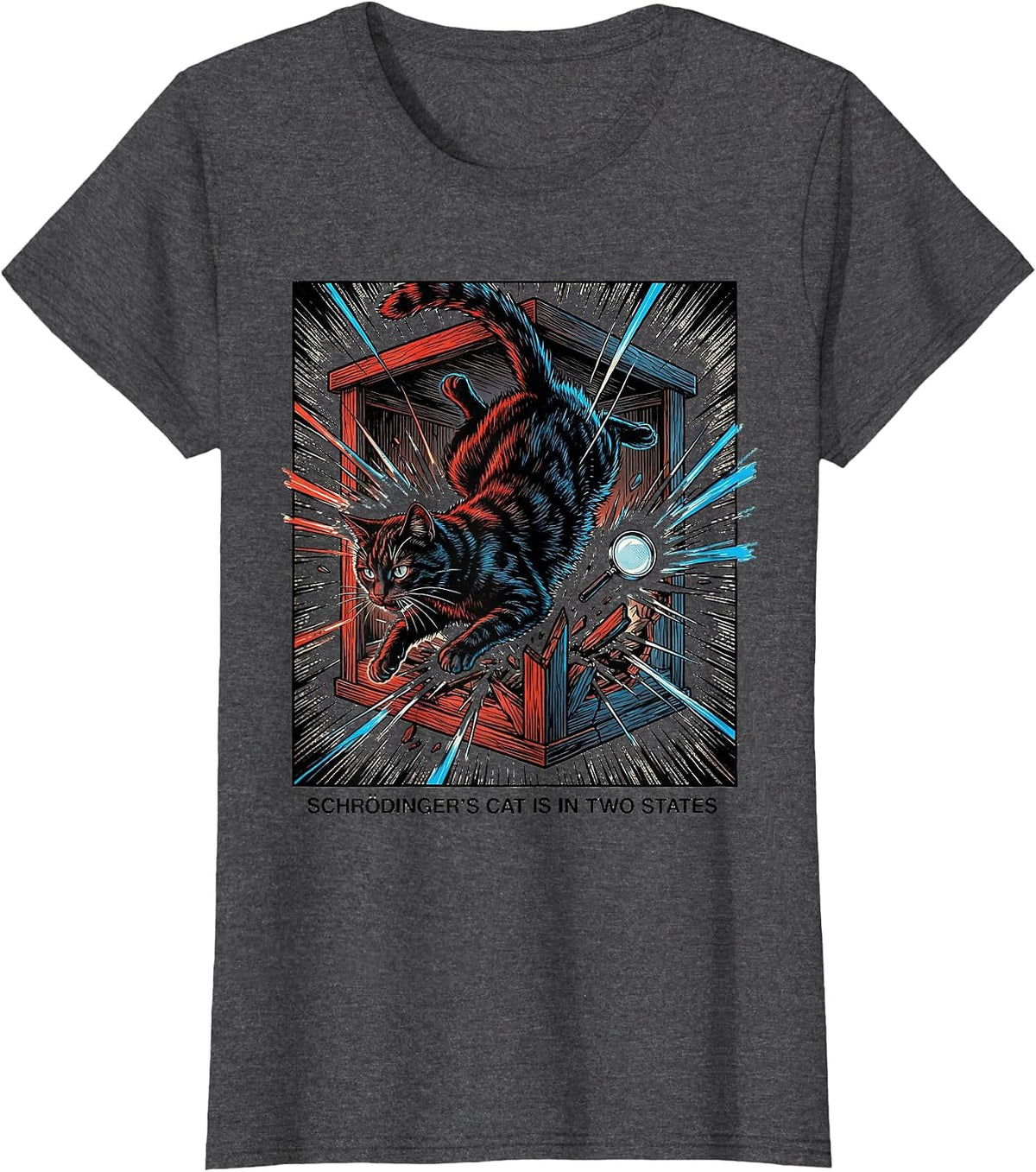 Women's Schrödinger's Cat Is In Two States Comic Book Physics Humor T-Shirt - Dark Heather Grey