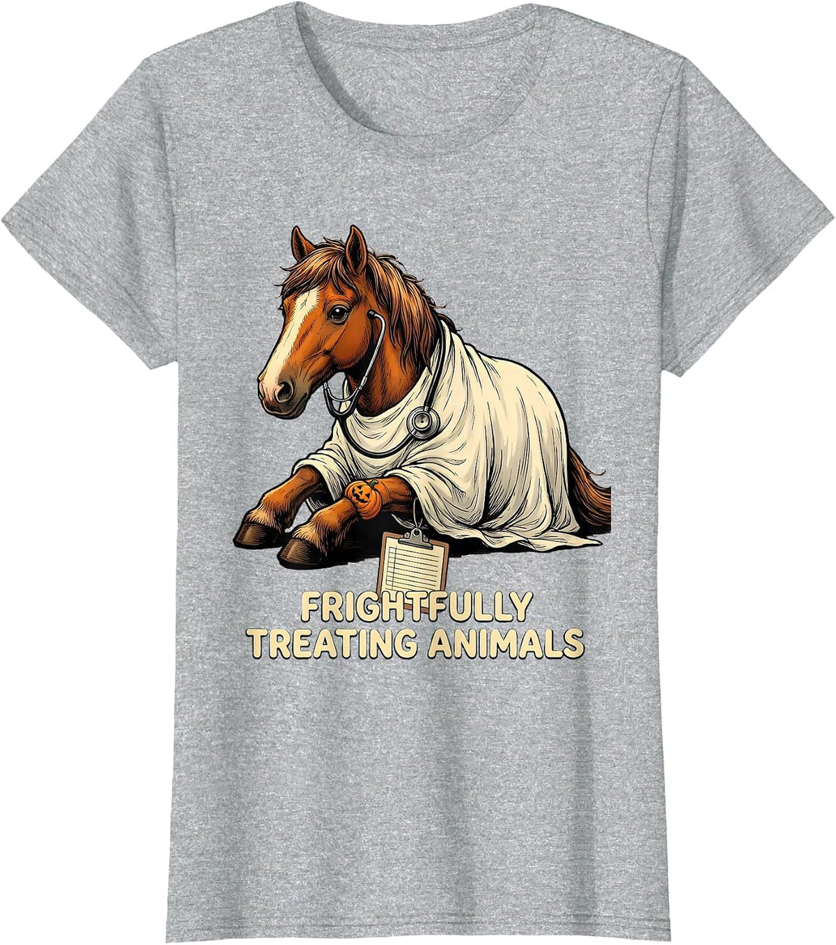 Women's Frightfully Treating Animals Funny Vet Tech Halloween T-Shirt - Heather Grey