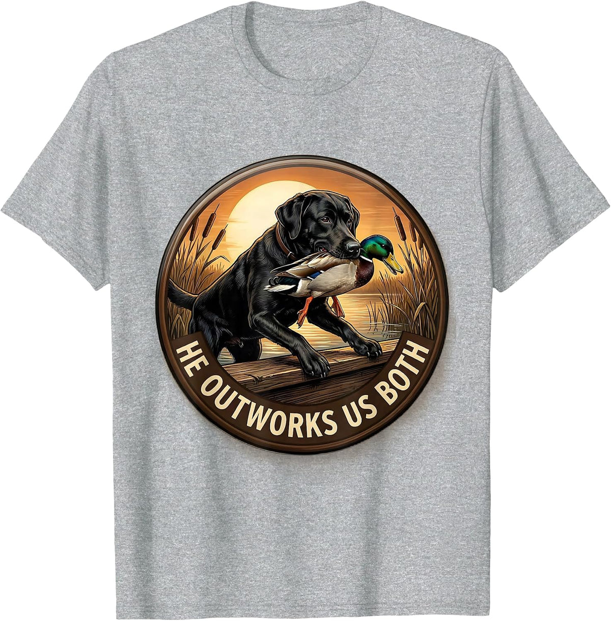 Men's He Outworks Us Both Vintage Local Boy Black Lab Duck Hunting T-Shirt - Heather Grey