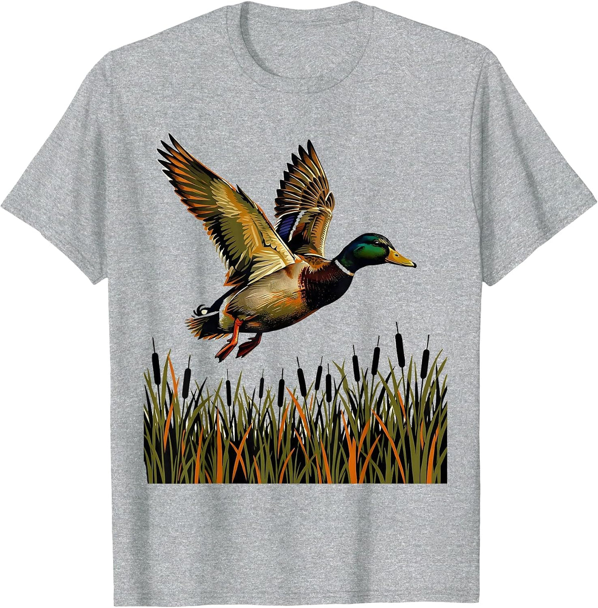 Men's Duck Flying Over Camo Marsh Reeds Illustration T-Shirt - Heather Grey