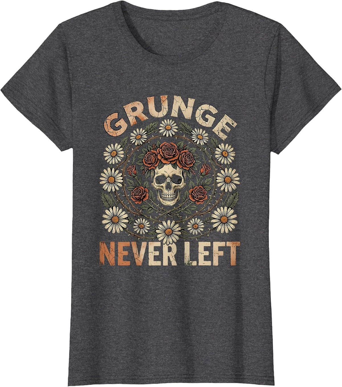 Women's Grunge Never Left Bold Retro Rock Design T-Shirt - Dark Heather Grey