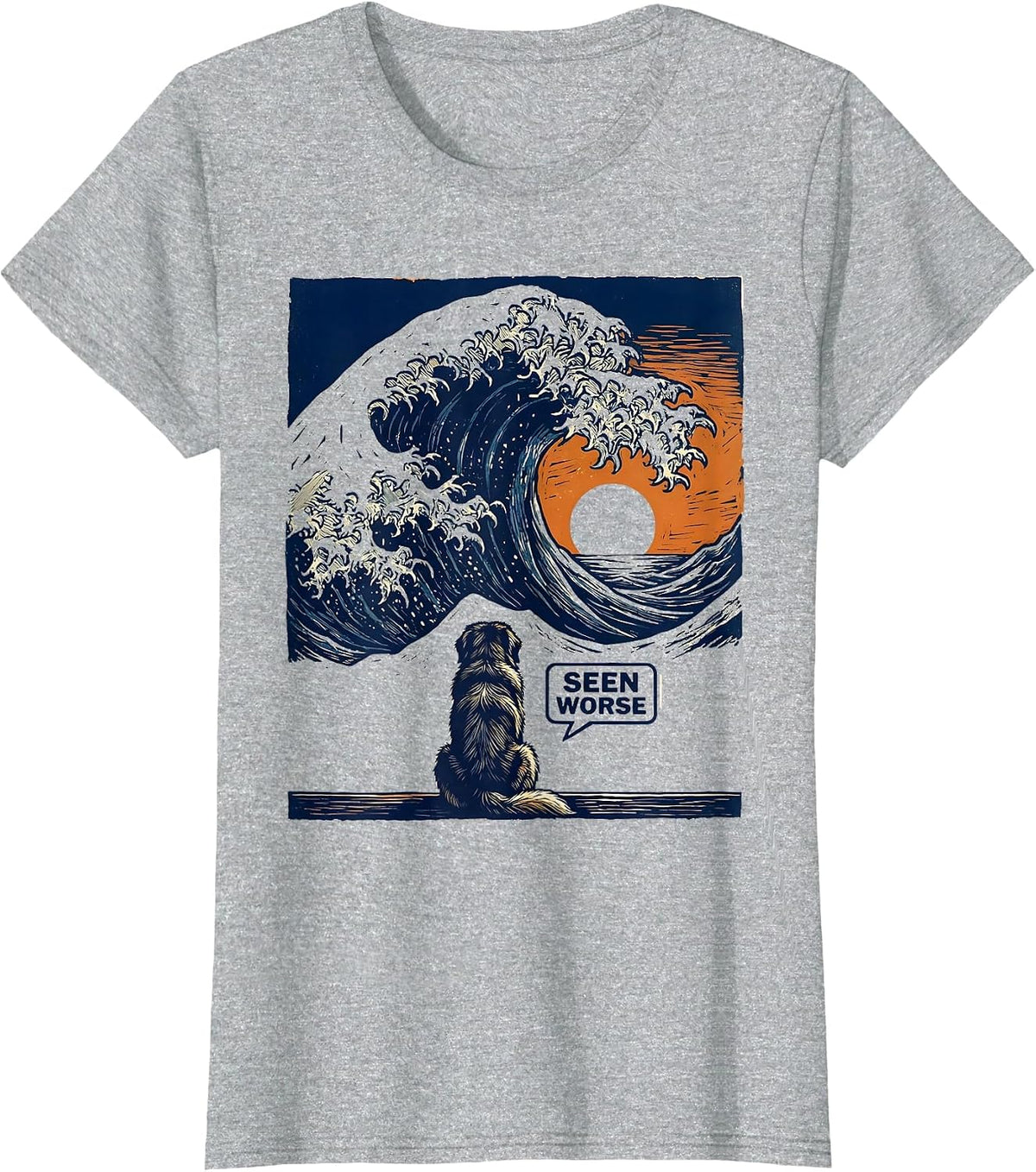 Women's Seen Worse Linocut Great Wave Dog Breed Humor T-Shirt - Heather Grey