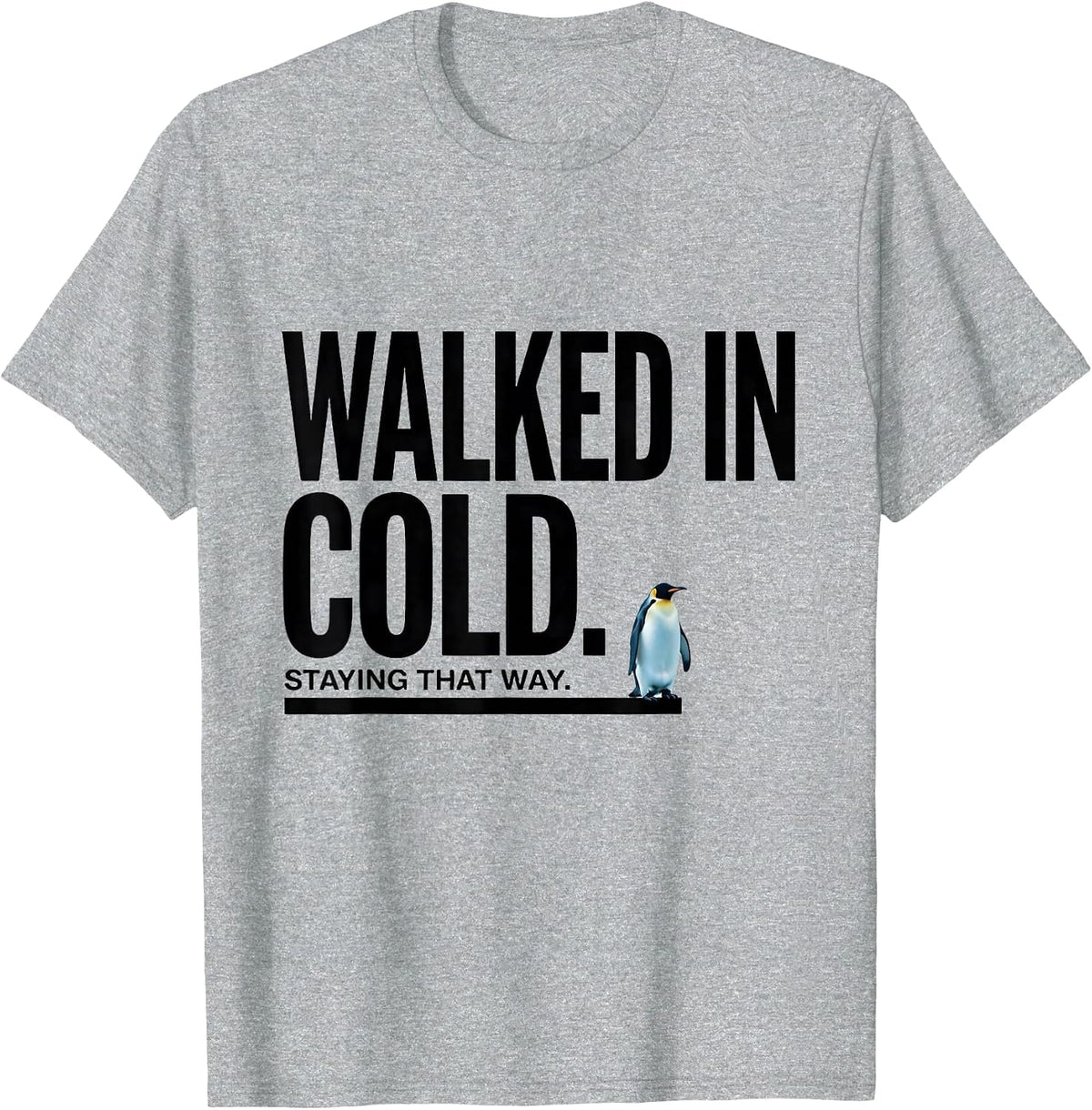 Men's Walked In Cold Staying That Way Funny Penguin Lover Humor T-Shirt - Heather Grey