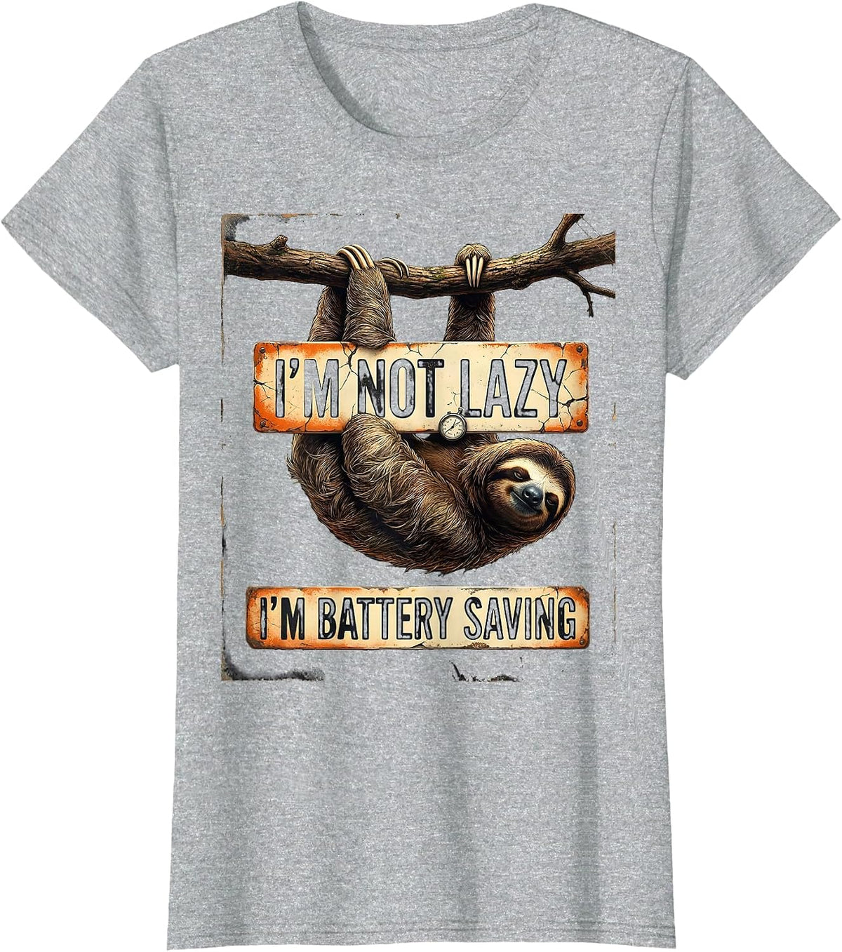I'm Not Lazy, I'm Battery Saving Funny Sloth Humor Animal T-Shirt, Women, Heather Grey, Small - As Pictured
