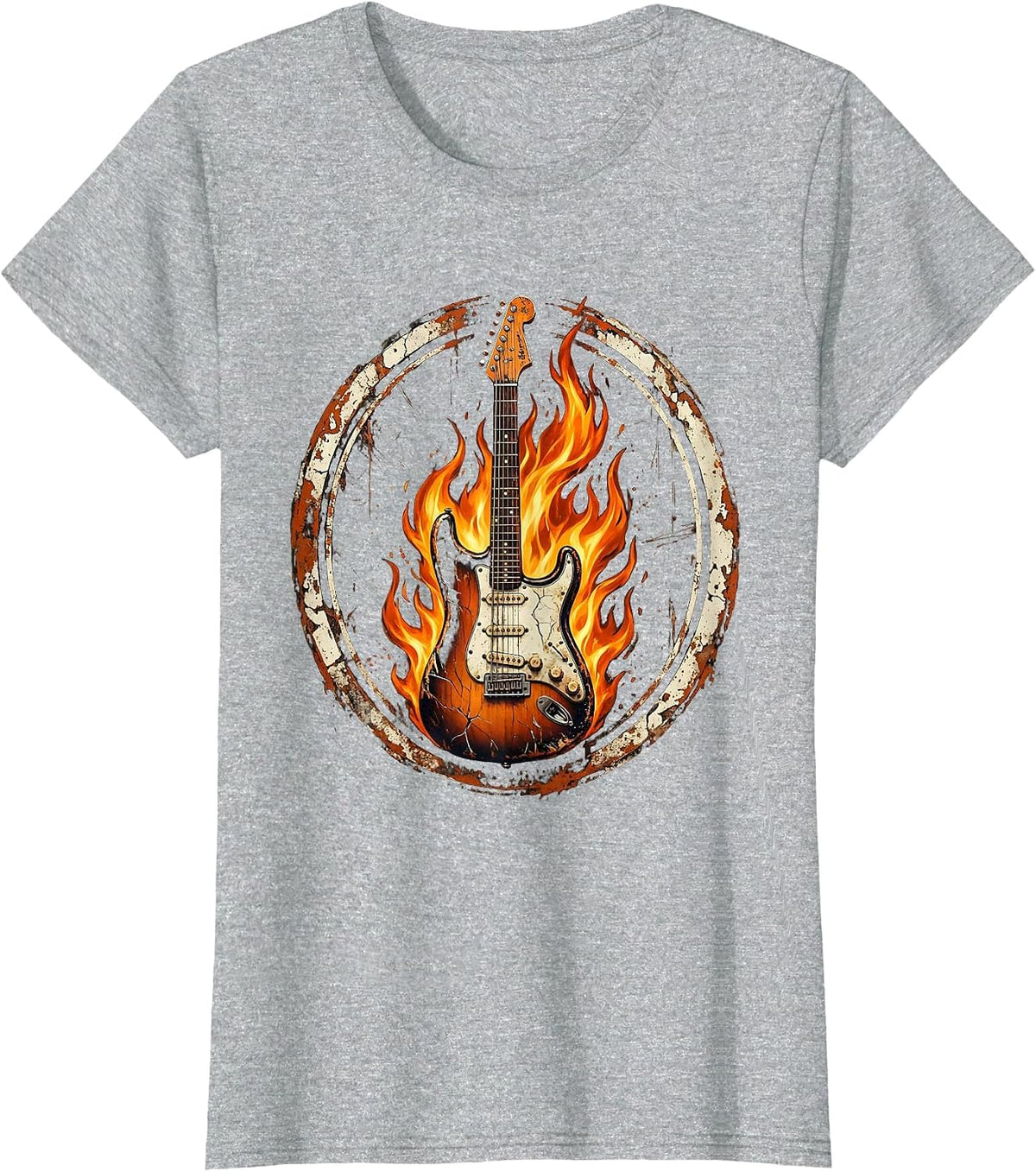Women's Vintage Rock Electric Guitar Engulfed in Flames T-Shirt - Heather Grey