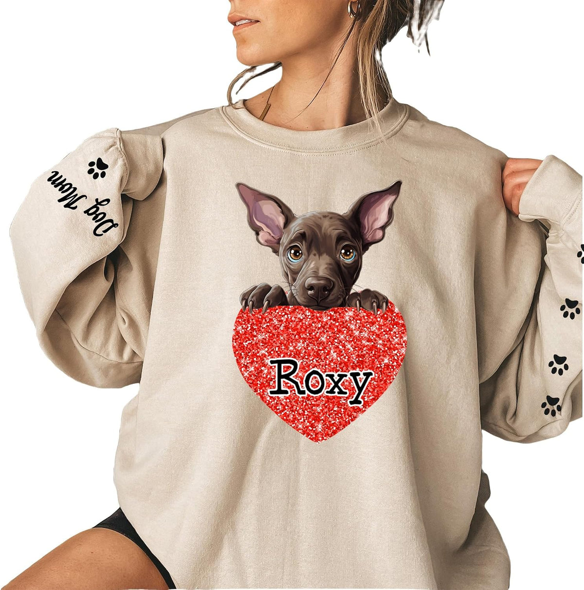 LOVELYPOD Personalized Dog Lover Gifts, Glitter Sweatshirt For Women, Dog Mama Shirts For Women - Xoloitzcuintli