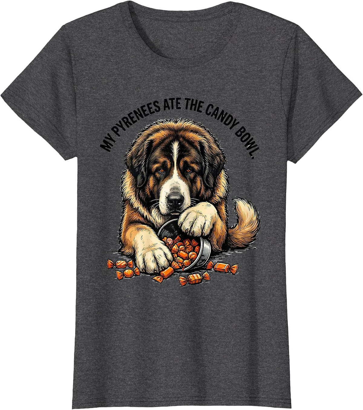 Women's My Pyrenees Ate The Candy Bowl Funny Halloween Dog Lover T-Shirt - Dark Heather Grey